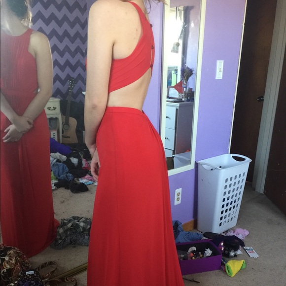 Red Jersey Open Back Prom Dress - Picture 3 of 5